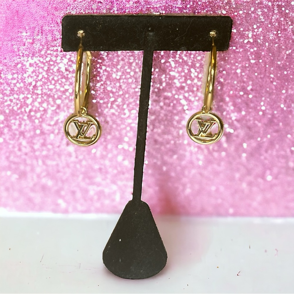 Pair of Upcycled Gold LV Louis Vuitton Charm Hoop Earrings